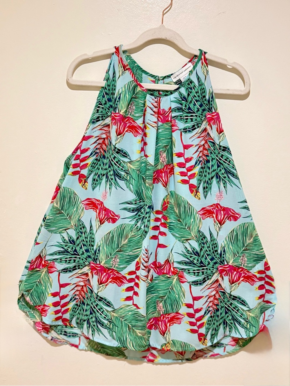 cupcakes & cashmere Aqua Tropical Leaf Halter Tank with Pink Floral Accents